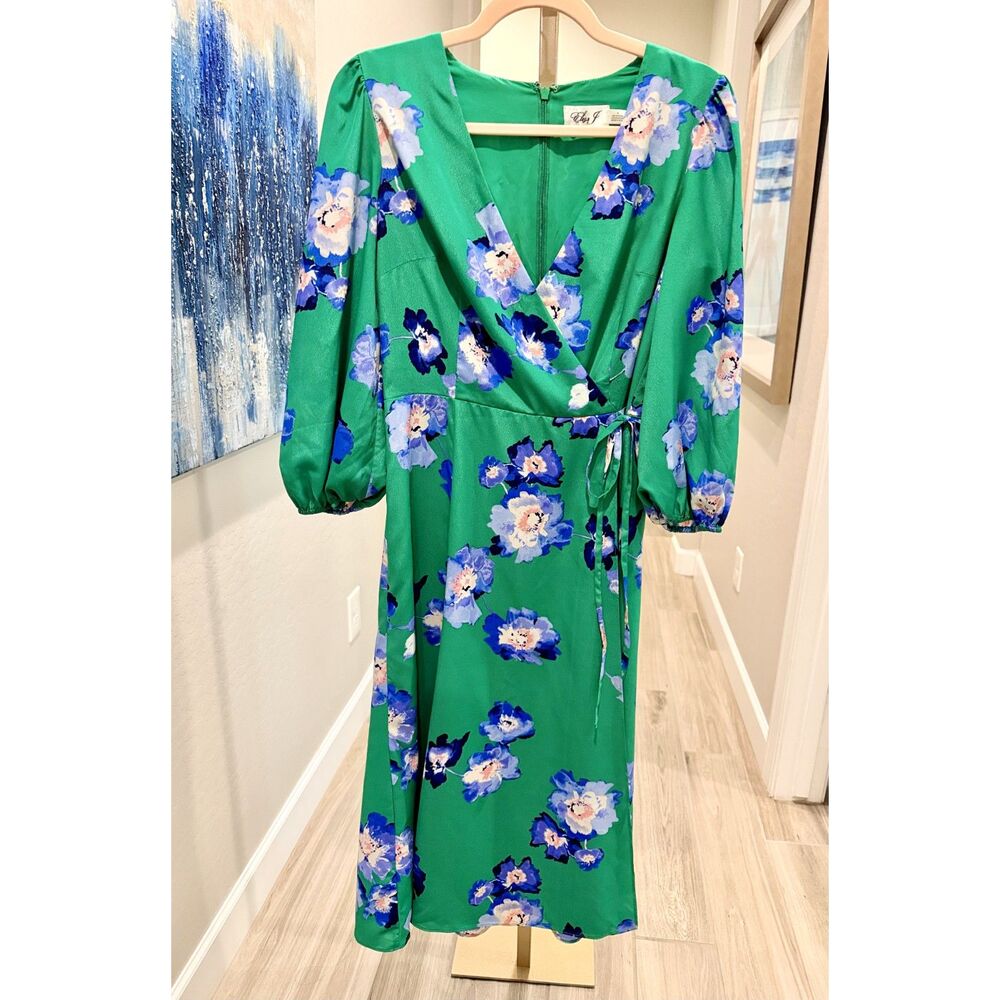 Eliza J Green Blue Floral Midi Dress Size 6 Faux Wrap Wedding Guest